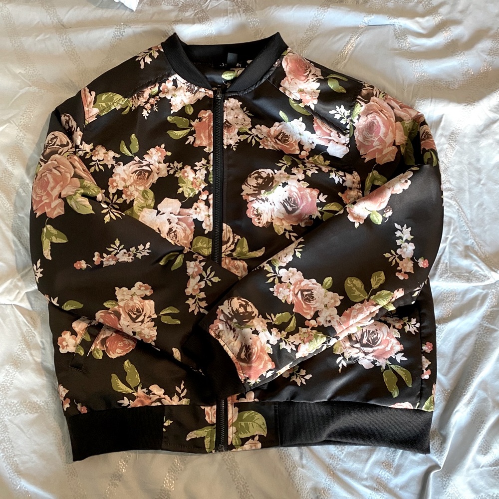 Black floral bomber jacket